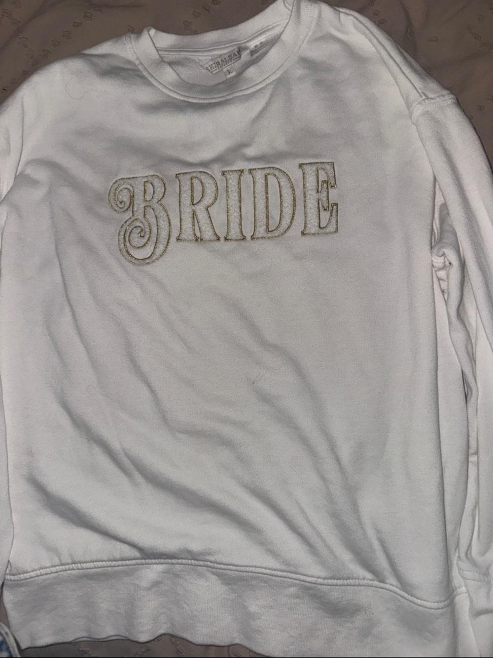 Bride Embroidered White Sweatshirt with Gold Lettering